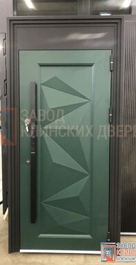 изумрудно-зеленая дверь с футуристичным граненым 3d рисунком в стиле хай-тек